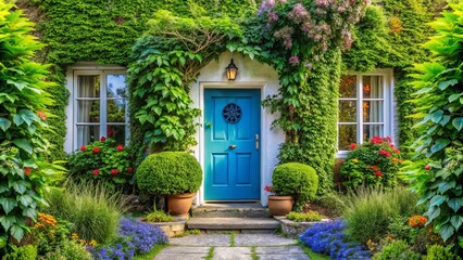Captivating Double Exposure of a Charming White House with a Blue Door Surrounded by Lush Green Plants for a Serene and Inviting Atmosphere