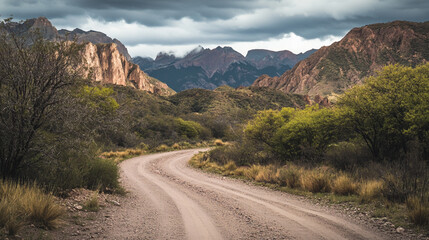 Fototapeta premium Winding dirt road through mountains under cloudy sky in a remote landscape