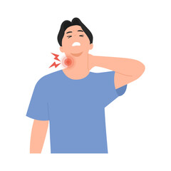 Man massaging neck to relieve pain and stiffness. Flat vector illustration