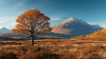 Obraz premium Vibrant autumn landscape featuring a solitary tree and majestic mountains in Scotland