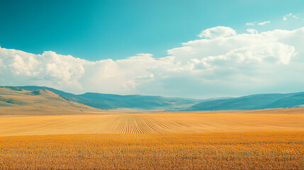 Fototapeta premium Expansive golden fields under a bright blue sky with distant mountains