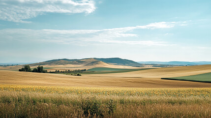Fototapeta premium Breathtaking landscape with rolling hills and fields under a blue sky during daytime
