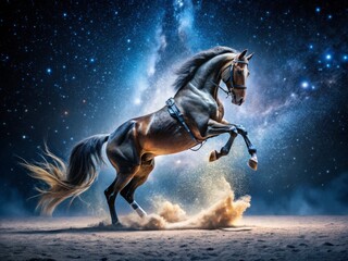 Obraz premium Captivating Night Photography of a Horse Performing Stunts Under Starry Skies with Dynamic Lighting Effects and Dramatic Shadows, Showcasing Equestrian Skills and Elegance