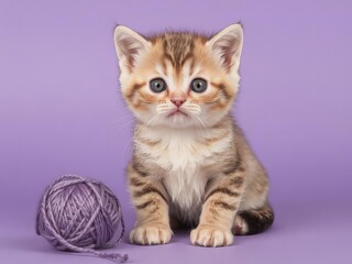 Obraz premium A small kitten playing with a purple ball of yarn