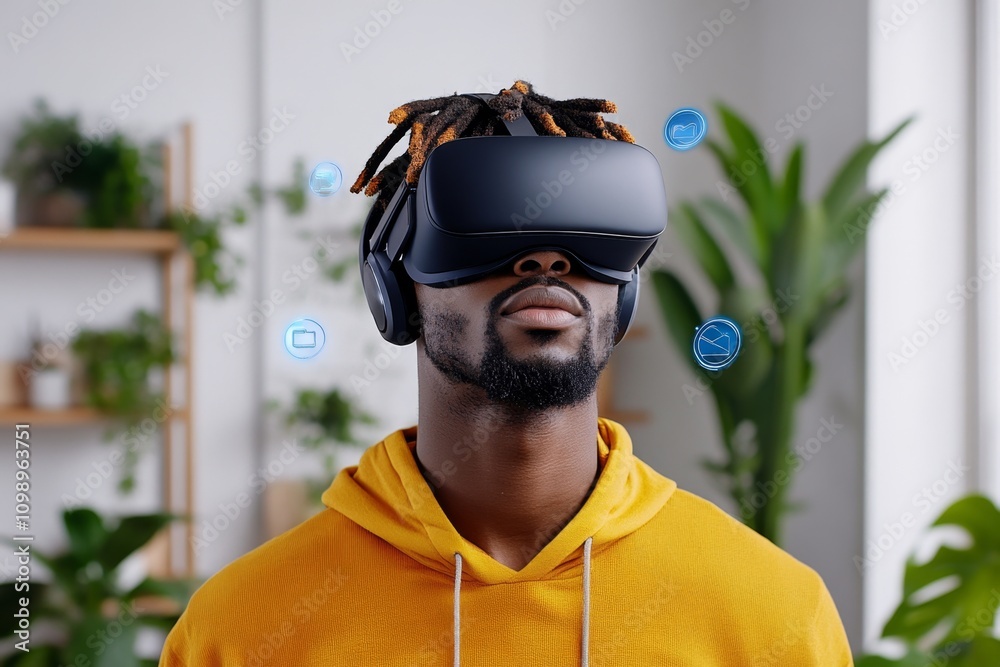 Poster A playful depiction of a digital avatar logging into a virtual world, surrounded by floating holographic icons on a white backdrop
