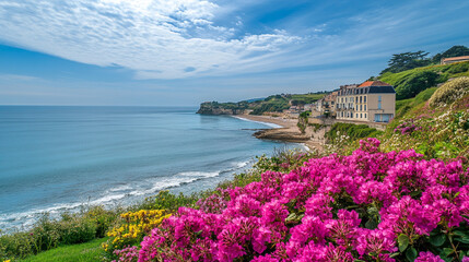 Beautiful coastal view with blooming flowers along the shore in a tranquil seaside town