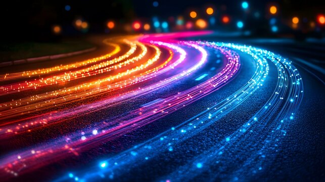 Dynamic Light Trails on a Curvy Road Urban Setting Night Photography Vibrant Colors Long Exposure Motion Art