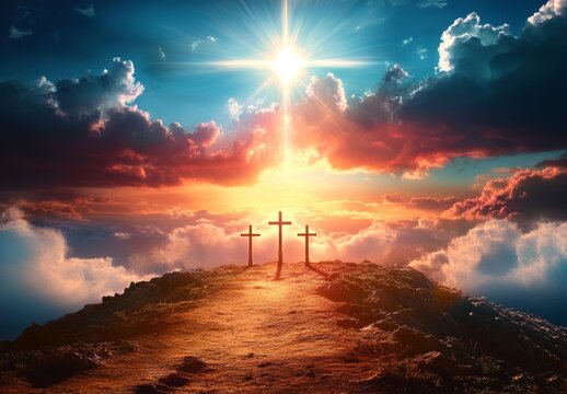 Sacred Landscape with Sunset, Three Crosses on Horizon, Dramatic Clouds and Light, Spiritual Scene of Redemption and Resurrection