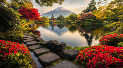 View of Mount Fuji surrounded by vibrant flowers and serene lake on a clear day