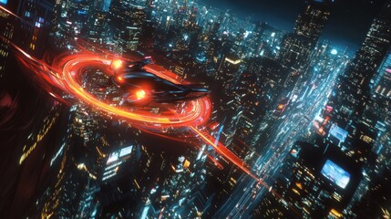 Fototapeta premium A drone flying over a cityscape at night, blades rotating and lights creating trails