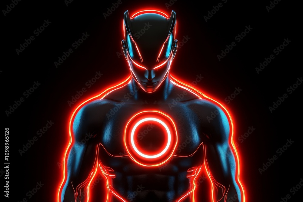 Poster a simple depiction of a humanoid avatar with a glowing circular emblem on their chest, set against a