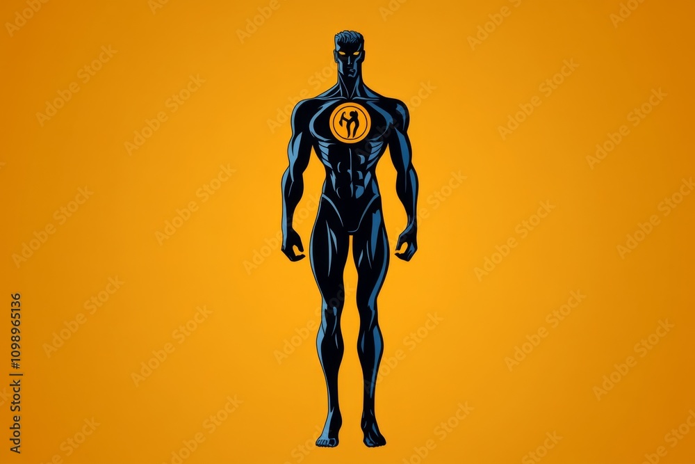 Poster a simple depiction of a humanoid avatar with a glowing circular emblem on their chest, set against a