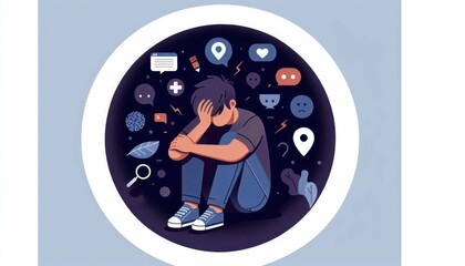 Conceptual illustration about teen mental health, highlighting stress and anxiety with technology symbols around a figure in solitude, reflecting social media impact