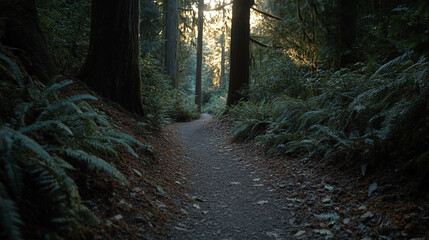 Fototapeta premium Peaceful forest path illuminated by gentle sunlight in a serene natural setting