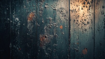 A close up of weathered, dark blue painted wood with peeling paint and rust.