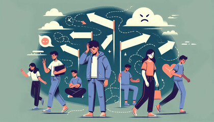 Teenagers facing emotional struggles in a conceptual illustration featuring diverse directions and expressions. Reflecting choices, confusion, and moving through challenges