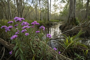 A cluster of velvety purple flowers amidst the tangled undergrowth of the swamp, botanical garden, lush greenery, swamp ecosystem, wildflowers, flowering plants