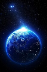 Fototapeta premium Earth in Space Vibrant Planet Surrounded by Stars and Blue Sun
