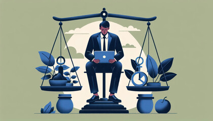 person balancing work stress and mental health using a laptop in a conceptual illustration with scales, depicting life work balance and time management on a minimalist plain background