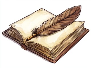 Vintage Feather Quill on Open Book Sketch - Detailed Hand-Drawn Illustration for Writing and Storytelling Enthusiasts on White Background