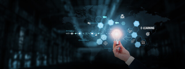 E-learning: Online education, virtual classrooms, interactive content, digital learning, remote training, education technology. Businessman hand holding creative light bulb with innovative technology