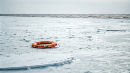 Fototapeta premium A small orange lifebuoy floating in the middle of a vast white sea, tranquility, isolation, flotation device, ocean, sea