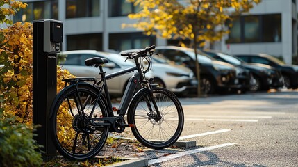 An electric bike parked at a charging station in an urban setting.