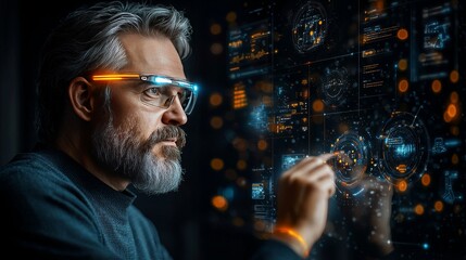 Futuristic online shopping experience a man using ar glasses to browse modern setting digital interface immersive technology