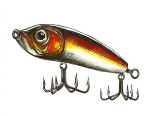 Vintage Hand-Drawn Classic Fishing Lure in Vibrant Colors for Angler's Collection on White Background - Ultra-Detailed Sketch