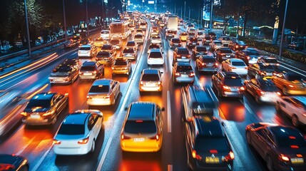 A long line of cars stuck in traffic in a city at night.
