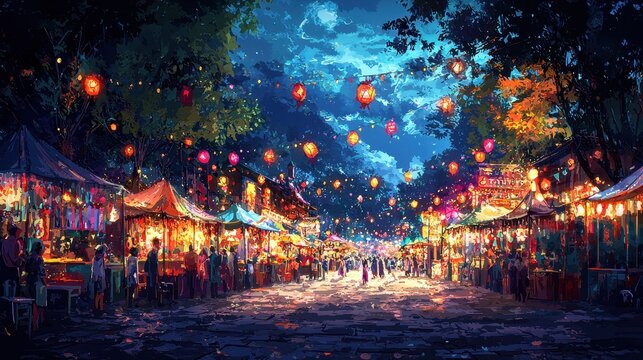 A vibrant watercolor painting of a festive village square decorated with lights and banners for a celebration. The colorful stalls and lively crowd capture the joy and excitement of the event. 