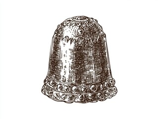 Delicate Vintage Sewing Thimble Sketch Highlighting Craftsmanship | Detailed Retro Design Symbolizing Sewing Artistry on White Background