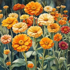 Fototapeta premium A vibrant illustration of blooming flowers in shades of orange, yellow, and red.