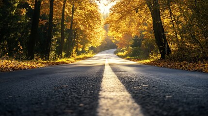 Obraz premium Asphalt Road Autumn Trees Sunlight