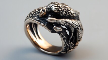 Naklejka premium Silver Bird on Branch Ring: Men's Nature-Inspired Statement Jewelry