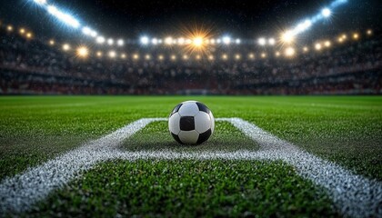 Fototapeta premium soccer field at night with soccer ball on center line illuminated by stadium lights