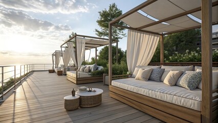 Comfortable seating areas on the sun-drenched deck including oversized daybeds and sofas, oversized daybed, outdoor furniture