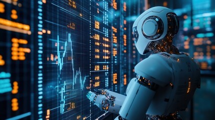 Obraz premium A robot with a head and arms stands in front of a wall of numbers and letters