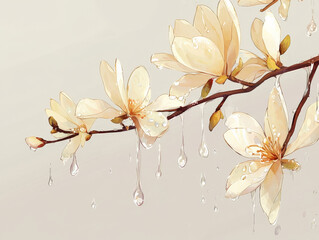 Delicate magnolia branch with ivory blooms and raindrops, creating serene and refreshing atmosphere. soft colors and gentle details evoke sense of tranquility and beauty