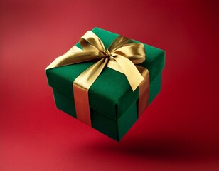 Obraz premium floating green gift box with gold ribbon made entirely with velvet material isolated on red
