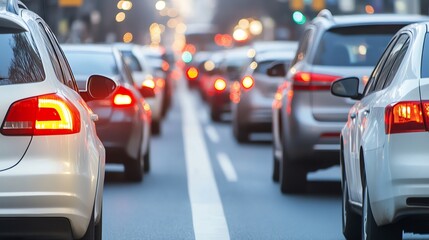 Cars are stopped in traffic in the city at dusk.