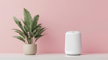 Obraz premium A minimalist scene featuring a potted plant next to a decorative speaker against a soft pink background.