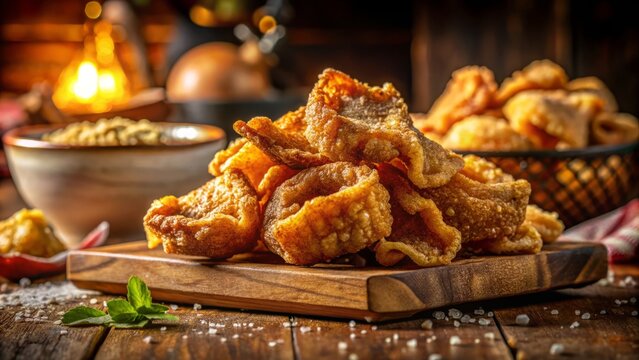 Close-up of Crispy Traditional Chicharones Pork Belly Appetizer Captured in Stunning Night Photography, Highlighting Texture and Detail for Culinary Enthusiasts and Food Lovers