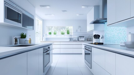 A sleek, modern kitchen featuring white cabinetry, stainless steel appliances, and large windows, creating a bright and inviting atmosphere.