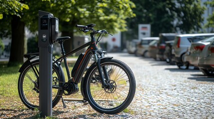 A black electric bike is parked next to a charging station on a city street.