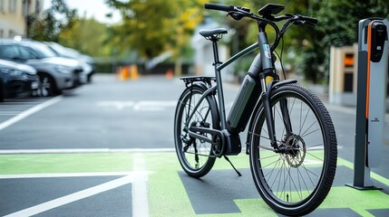 Fototapeta premium An electric bike parked at a charging station in an urban setting.