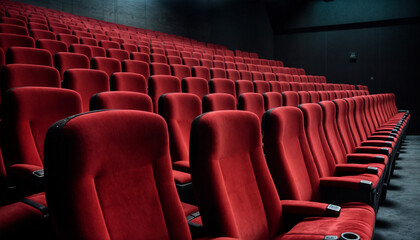 Obraz premium Rows of plush red theater seats in an empty cinema hall, creating a cozy and elegant atmosphere, ready for a performance or movie screening.