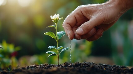 Fototapeta premium Hand Watering a Young Green Plant with Soil in a Sunlit Garden, Nurturing the Growth of Fresh Flora for Sustainable Gardening and Environmental Awareness