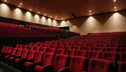 Rows of plush red theater seats in an empty cinema hall, creating a cozy and elegant atmosphere, ready for a performance or movie screening.