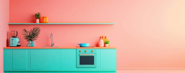 A modern kitchen featuring teal cabinetry and vibrant decor against a soft pink wall, creating a stylish and inviting atmosphere.